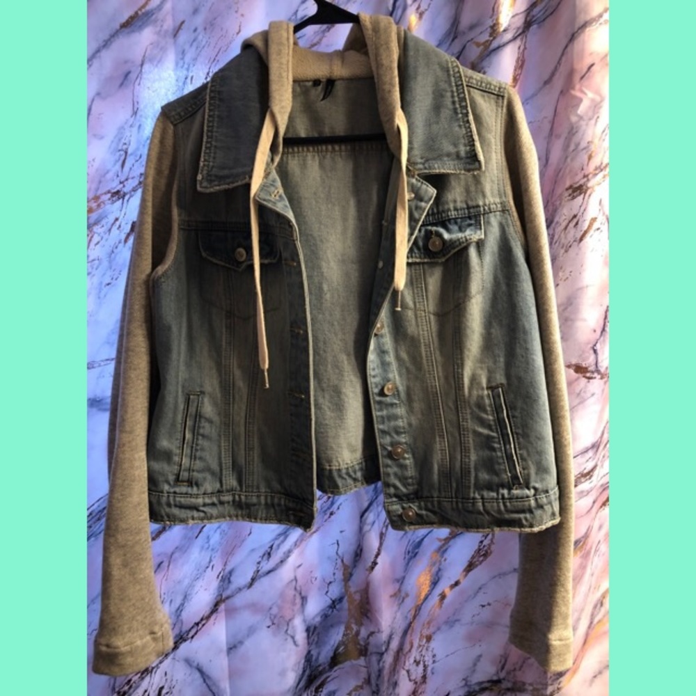 Jean jacket with gray hoodie